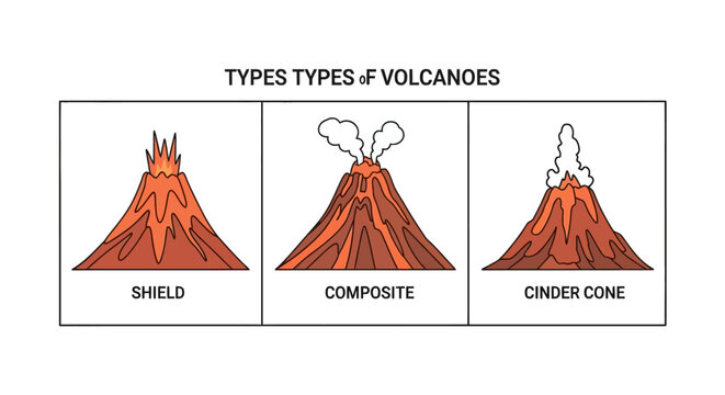 Three types of volcanoes diagram with shield composite and cinder cone