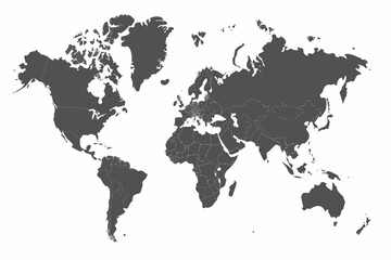 Dark gray world map silhouette on a white background depicting continents and country borders © Biplab