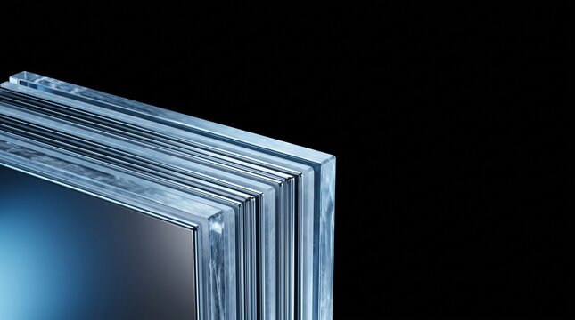 Futuristic 3D render showing cross-section layers of a next-generation solid-state battery cell, featuring frosted glass solid electrolyte sheets and metallic plates with copy space on a dark black ba