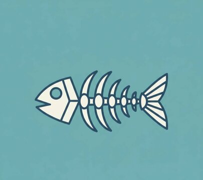 Minimalist Fish Bone Vector Illustration, Cartoon Fish Skeleton Icon, Flat Line Art Marine Dead Fish Elements, Vintage Blue Textured Background.