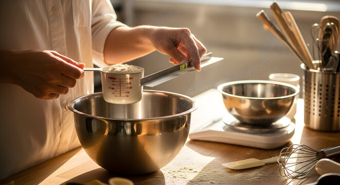 Hands Measuring Oats for Cooking in a Bright Modern Kitchen Under Soft Morning Light, Focused Preparation for a Wholesome Homemade Meal