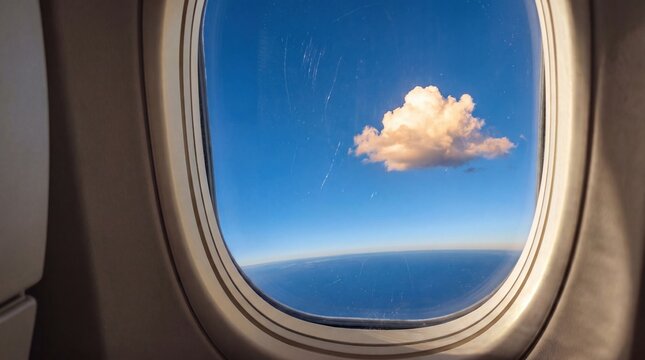 cloud visible through airplane window against blue sky and ocean