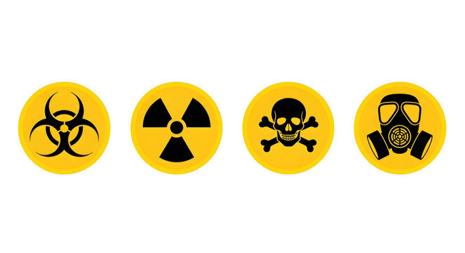 A collection of four circular yellow warning signs featuring biohazard, radiation, skull and crossbones, and gas mask symbols.