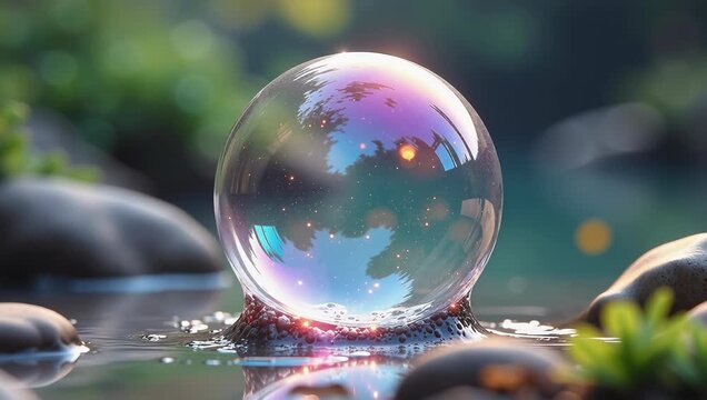 Reflective Bubble Floating on a Tranquil Surface