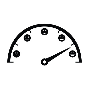 Emotional scale indicator meter showing range from sad to happy with arrow pointing to joy.