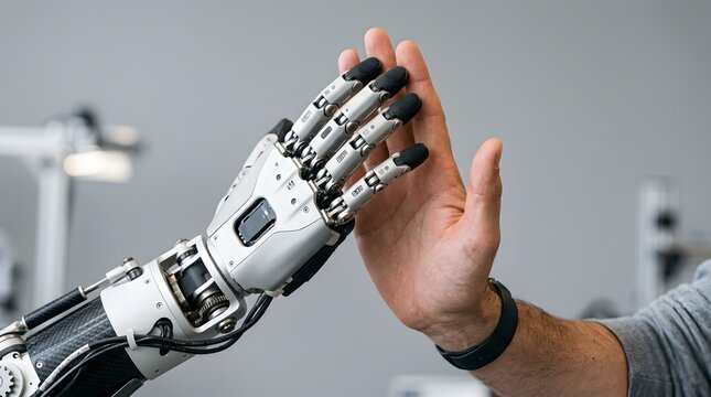 Advanced bionic prosthetic hand reaching out demonstrating robotic limb technology and human integration