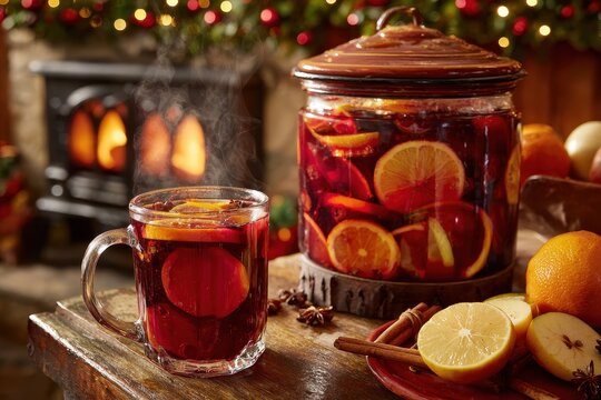 Festive Christmas ponche beverage: hot fruit punch with orange, apple and spices in a rustic kitchen setting