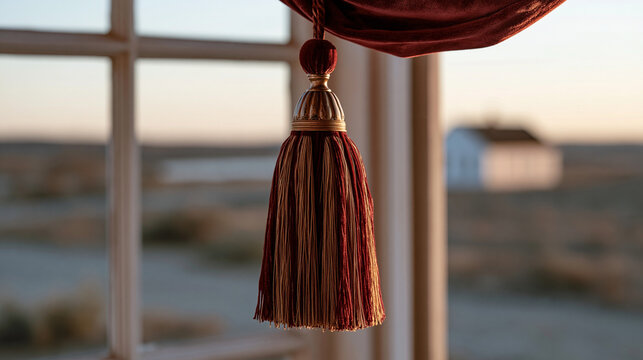 A single velvet theater curtain tassel hanging in focus against a blurred rural twilight landscape outside a vintage playhouse window, aged gold fringe detailed, theatrical