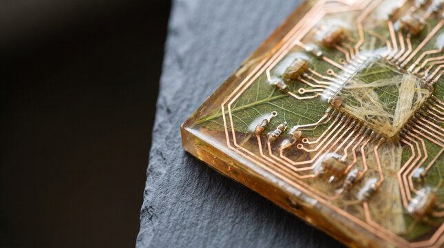 Macro close-up of a biodegradable smart circuit board created from translucent bio-resin and natural leaf veins with copper circuits, eco-friendly green technology and sustainable electronics concept 
