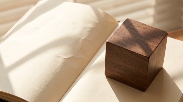 Minimalist wooden digital timer placed on an open blank journal with soft natural sunlight and window shadows, warm aesthetic time management and productivity concept with copy space.