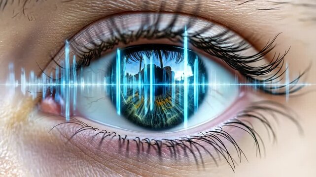 Close-up of a human eye with a glowing blue digital sound wave passing through it.