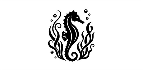 Black silhouette of a seahorse. Black silhouette of a seahorse swimming. Detailed seahorse silhouette on white background. Stylized tribal seahorse graphic design illustration. Minimalist sea lifeicon © saditul