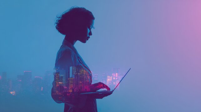 Cinematic composite photograph: woman, laptop, and urban night skyline with a security camera overlay