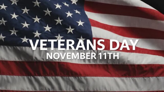 Veterans Day text over waving American flag background