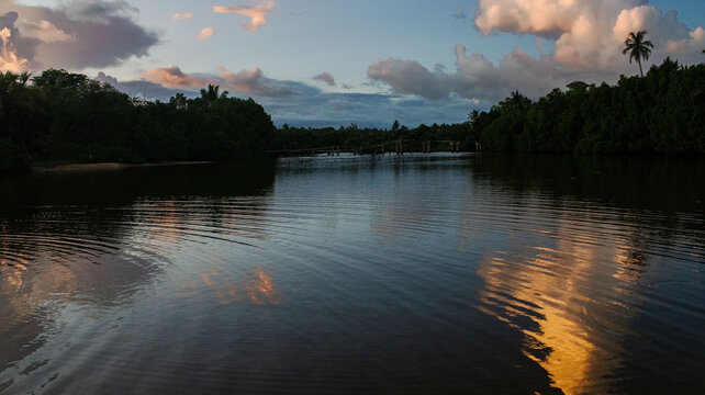 evening lagoon view, sunset time, dark evening