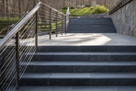 Contemporary Bluestone Steps and Cable Rail for Elegant Patio Access