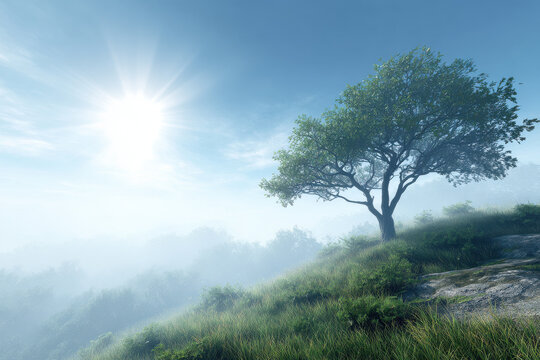 tranquil d nature scene featuring solitary tree under pristine blue sky surrounded by lush greenery