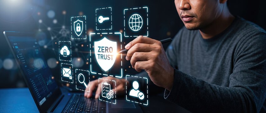 A professional man working on a laptop incorporating cybersecurity concepts with a focus on zero trust protocols and digital protection in a tech environment.