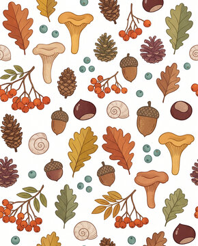 Premium Thanksgiving Autumn Woodland Seamless Pattern with Oak Leaves, Forest Mushrooms, Pine Cones, Chestnuts, Juniper Berries and Rustic Nordic Botanical Artwork