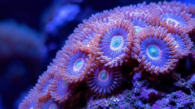 Close up of colorful vibrant coral polyps underwater in marine reef ecosystem