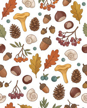 Luxury Scandinavian Botanical Autumn Pattern Featuring Oak Leaves, Chanterelle Mushrooms, Acorns, Pine Cones, Rowan Berries and Premium Woodland Surface Design