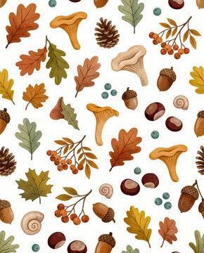 Modern Scandinavian Autumn Forest Seamless Pattern with Oak Leaves, Chanterelle Mushrooms, Acorns, Pine Cones, Rowan Berry Branches and Cozy Woodland Botanicals