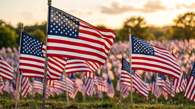 Field of american flags memorial display at sunset