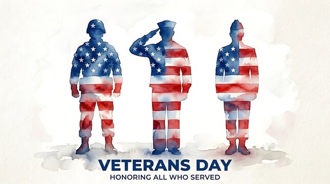 Watercolor silhouettes of soldiers honoring veterans day with american flag design