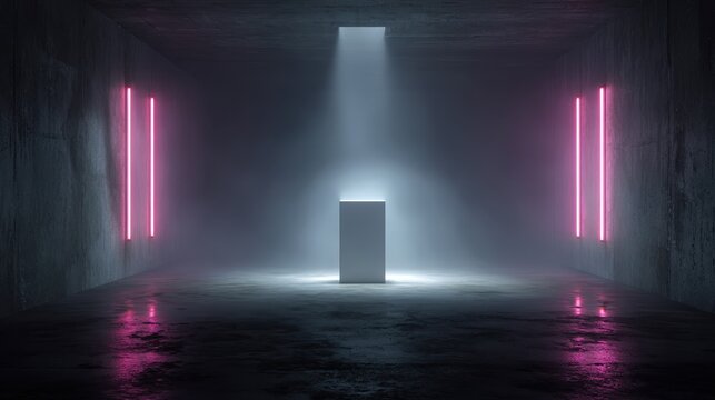Empty neon-lit studio space with moody textures and a single showcase spotlight