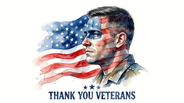 Watercolor portrait of a soldier with american flag overlay veteran appreciation