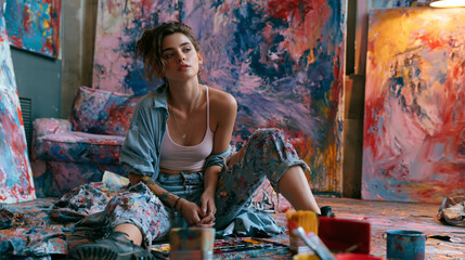 Fototapeta premium Young female artist relaxing in colorful studio surrounded by abstract paintings and paint-splattered clothes