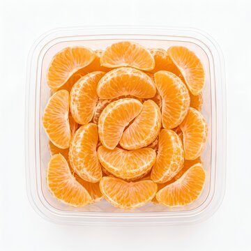 Freshly peeled orange segments packed in a clear plastic container on white