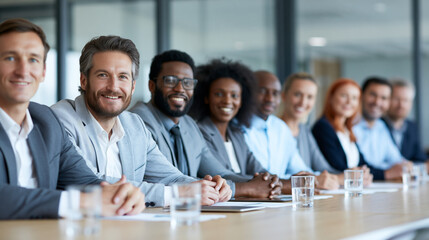 Fototapeta premium Diverse business team smiling at a boardroom meeting around a conference table
