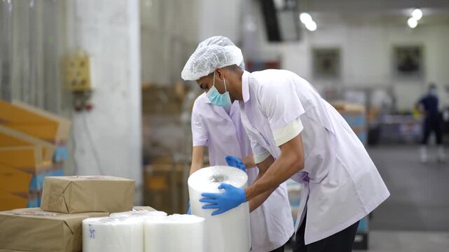 Worker checking packaging materials before food production in factory. Material inspection, packaging supplies, quality control, food manufacturing, production process, warehouse, factory operations.