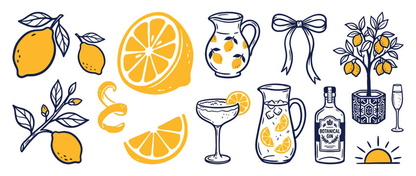 Mediterranean lemon vector set with citrus fruit illustrations, hand drawn summer cocktail and lemonade elements, blue and yellow botanical lemon tree and gin bottle icons for branding