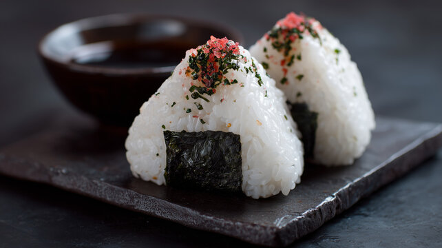 Two onigiri rice balls with nori and seasoning on a dark slate plate with soy sauce
