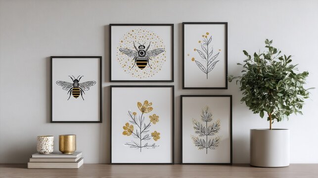 Boho chic bee botanical posters with metallic gold detailing for contemporary interior decor