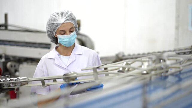 Factory quality control inspector monitoring can conveyor line and entering inspection data on tablet. Food manufacturing, quality assurance, food safety, production process, factory inspection.