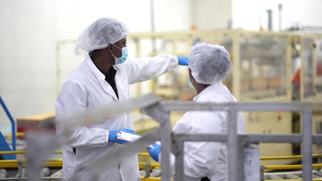 Quality control inspectors discussing production beside can conveyor line in food factory. Quality inspection, food safety, production process, manufacturing, factory operations, production line.