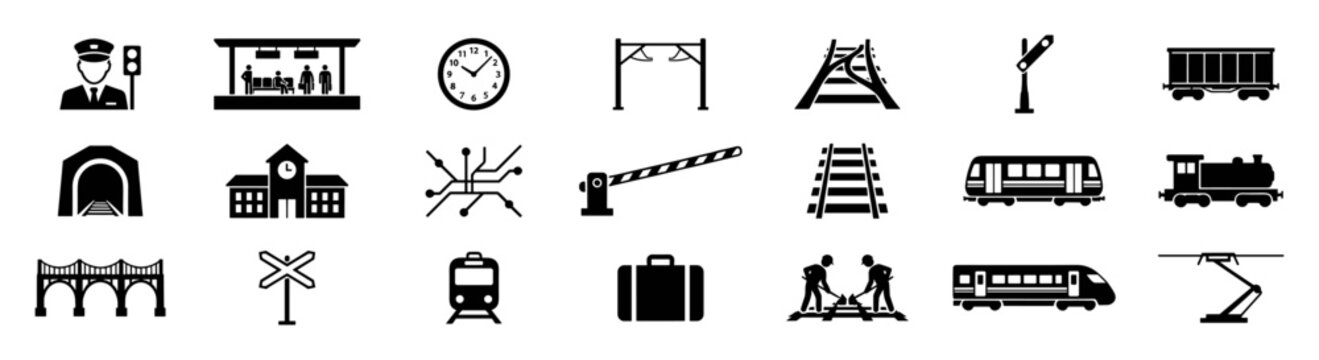 Set of black railway and train icons including station, train, tracks, signal, map, workers, clock, and luggage on transparent background