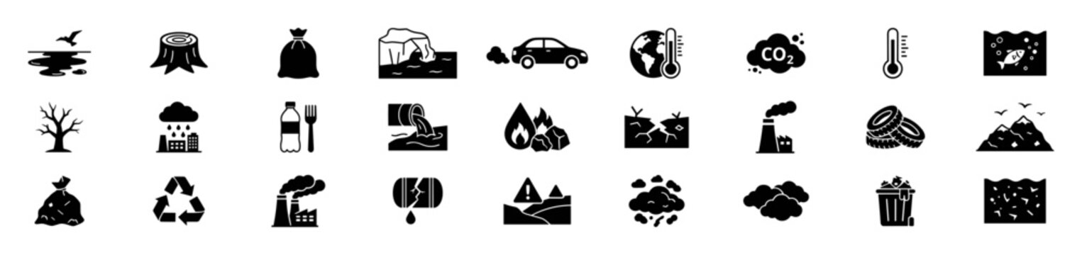Environmental pollution and climate change icons set in black silhouette style, including deforestation, industrial waste, global warming, recycling on transparent background