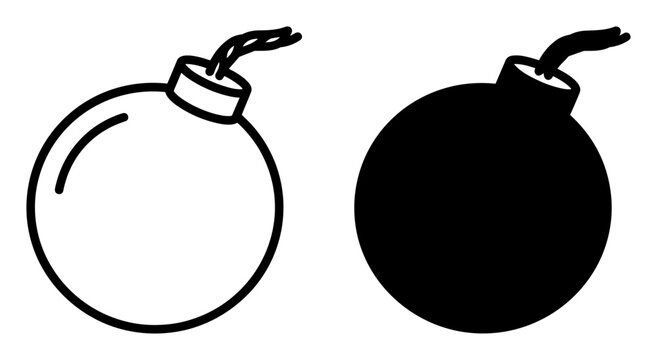 Black and white outline and silhouette vector icons of classic round bomb with fuse on transparent background