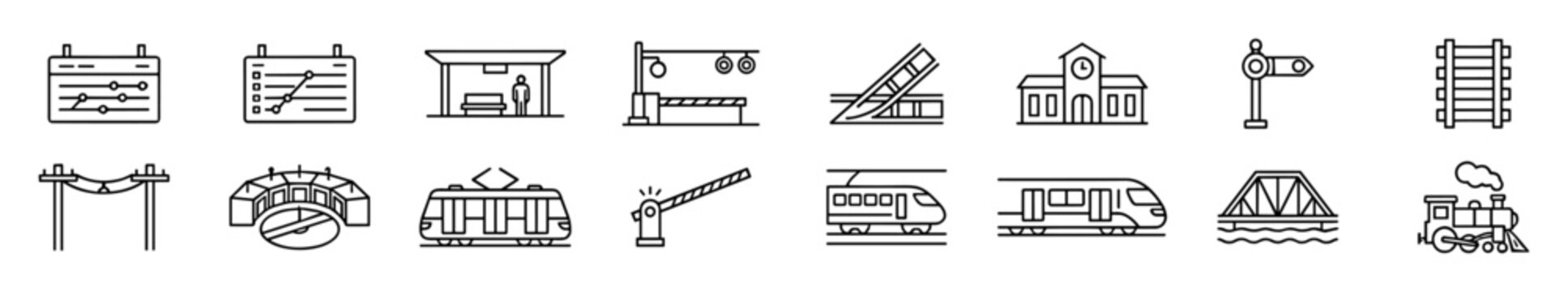 Set of railway icons including train station, railroad crossing, train cars, signals, bridge, power lines, and train tracks on transparent background