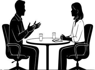 Fototapeta premium Black vector silhouette of two people in a calm discussion session, one explaining with open hands and the other listening focused and quiet.
