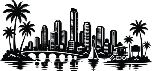 Miami Skyline Silhouette Landscape Vector Illustration © Binh