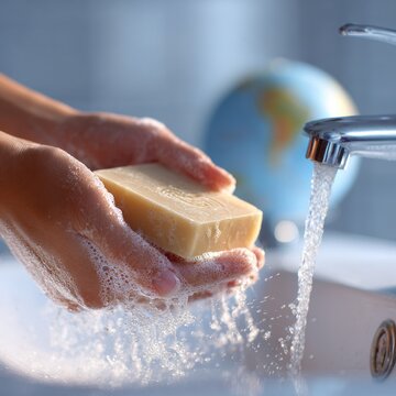 Close-up of hands washing with soap under running water for a global hand hygiene campaign poster