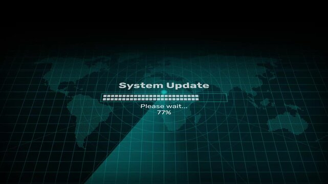 Animated system update loading progress bar motion graphic loop, cyber technology data installation process screen on world map background