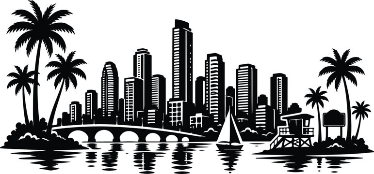 Miami Skyline Silhouette Landscape Vector Illustration