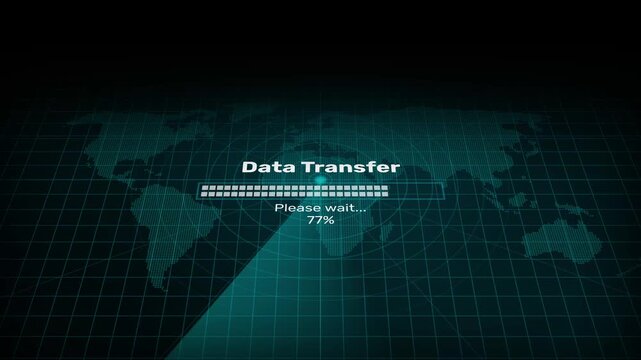 Animated data transfer loading bar progress motion graphic loop, cyber technology file sharing process display on world map background
