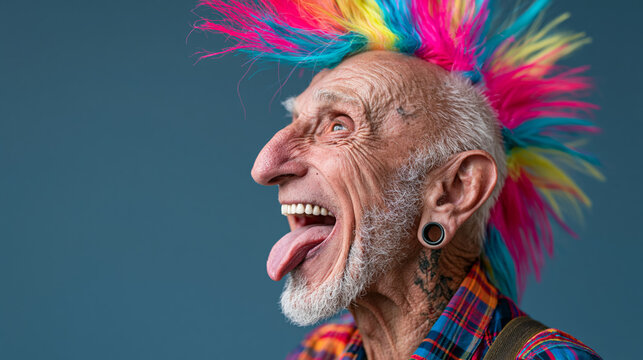 Elderly punk man with colorful mohawk laughing and sticking out his tongue in studio portrait